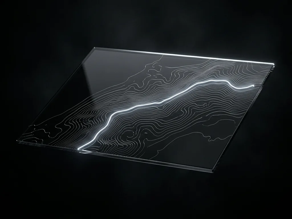 Placa de vidro fumê com curvas de nível gravadas, uma delas iluminada